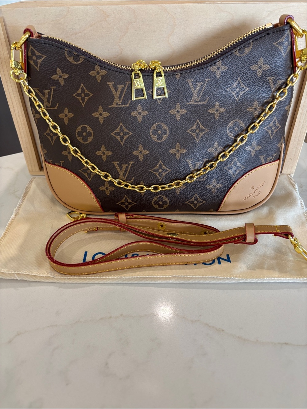 Monogram Canvas Shoulder Bag with Gold Hardware and Red Trim